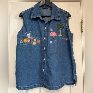 Retro Denim Embroidered Beaded Beach Party Sleeveless shirt Women's Large